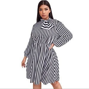 Stripe Tie Neck Keyhole Back Dress